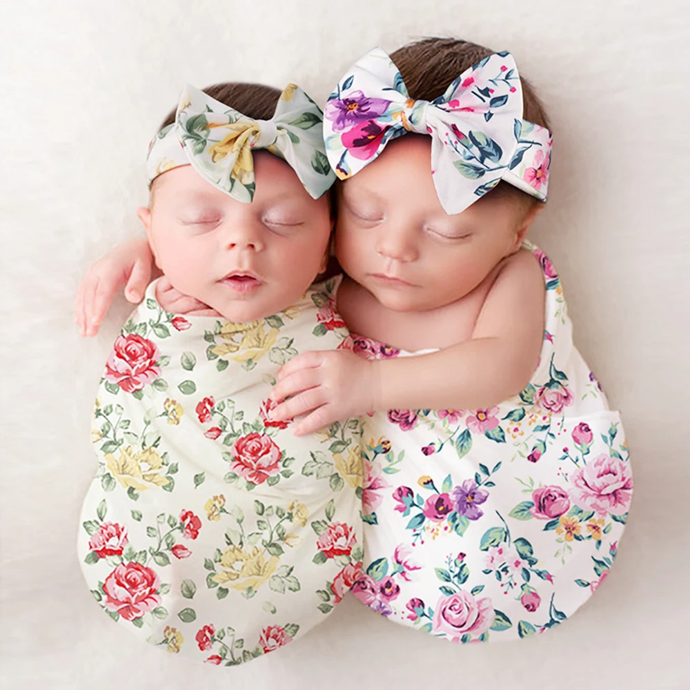 baby blankets newborn  Floral Print Wrap Newborn Photography Wrap Hair Band Two Piece Set Infant purposes leggings Headdress