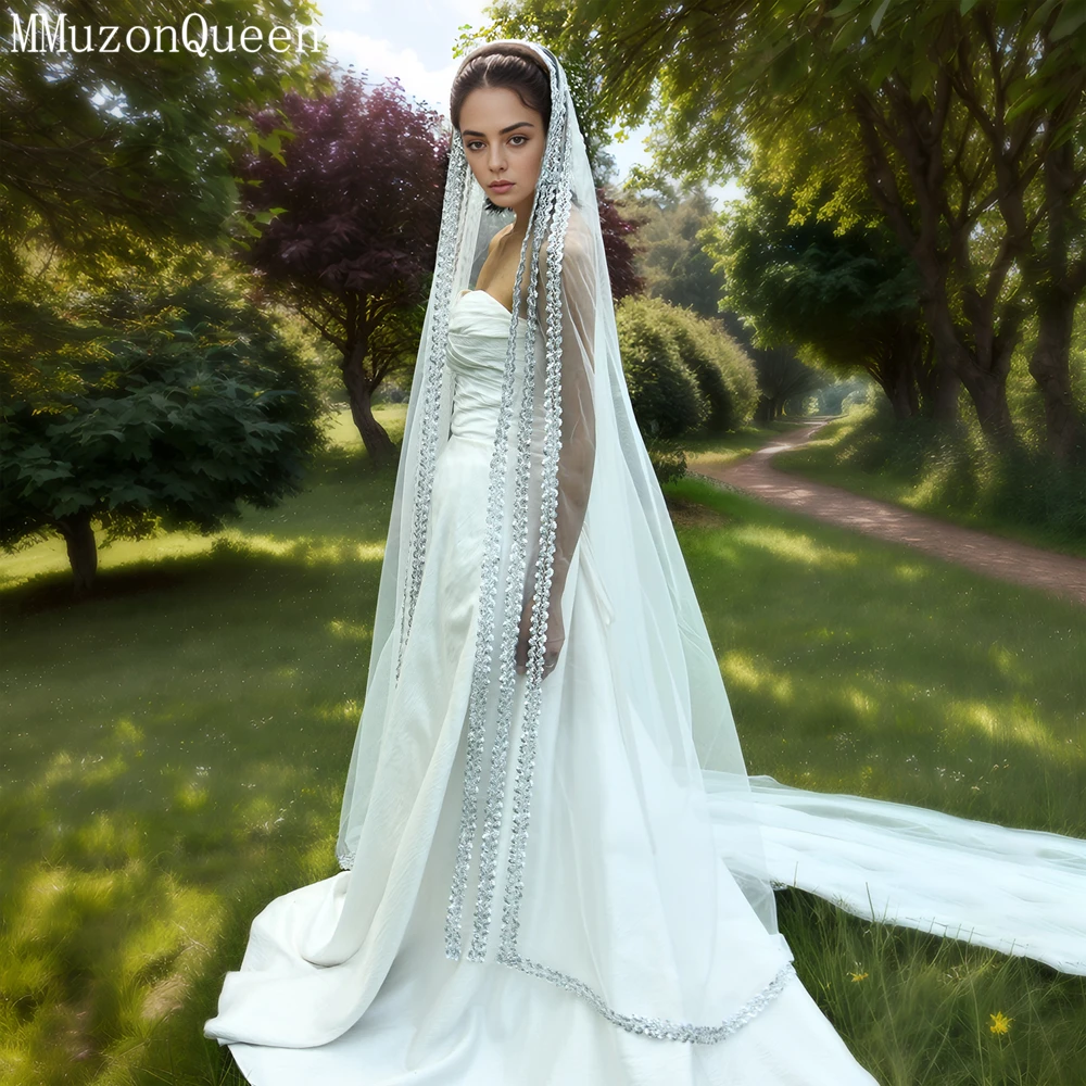 MMQ серебряный блесток белый тюль длинные элегантные свадебные аксессуары фата по