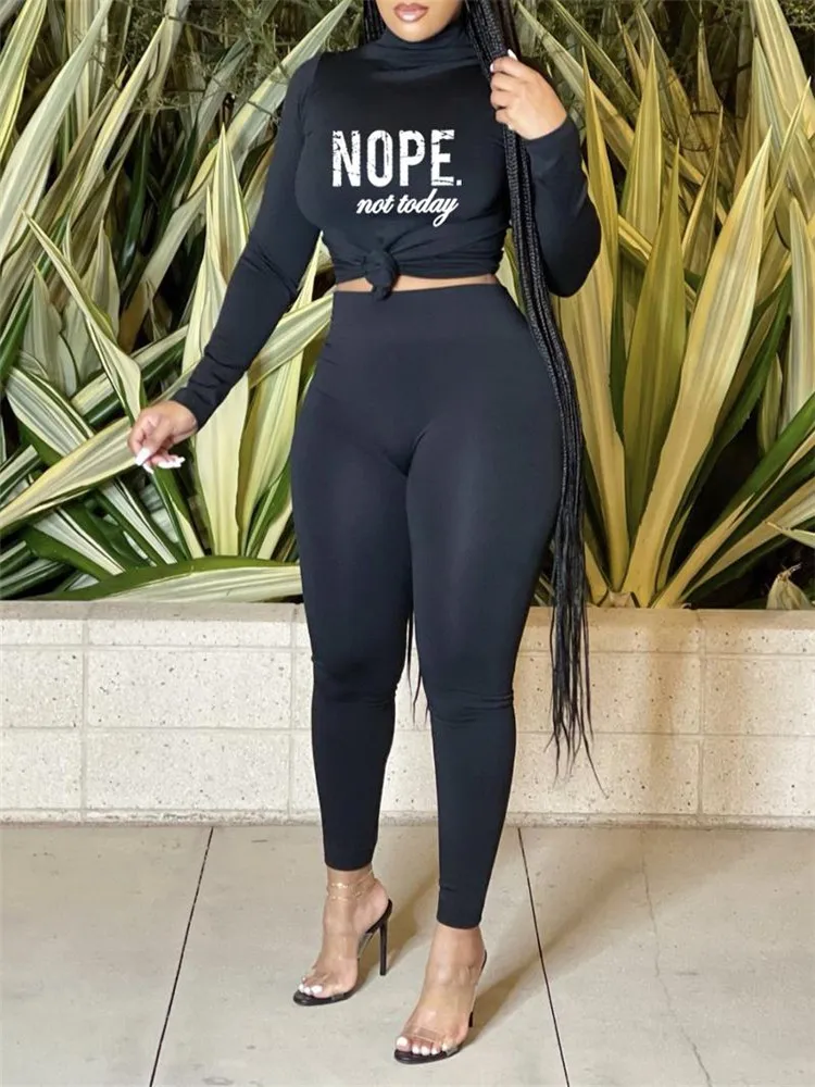 

2022 AutumnTwo Piece Sets Womens Letter Print High Neck Long Sleeve Top & Pants Set Outifits Fashion Tracksuits Casual Elegant