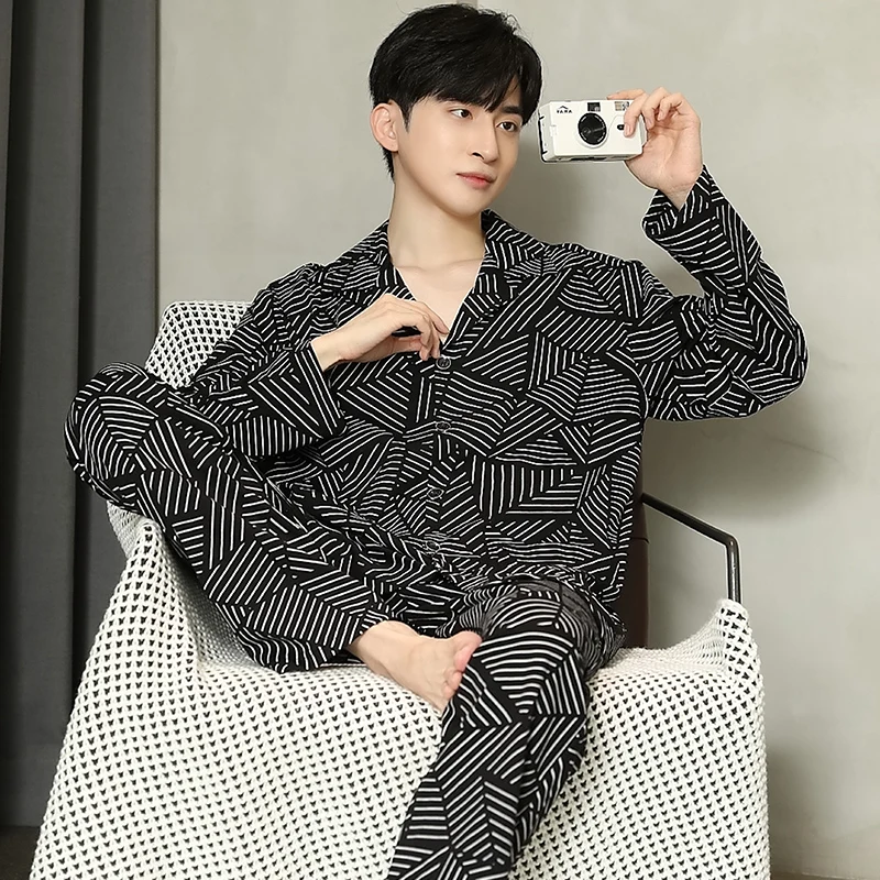 QUHENG Men Pyjamas Sets Cotton Pijama Sleepwear Autumn and Winter Long Sleeve Sleep Clothes Male 2 Pieces Sets Homewear  Men's