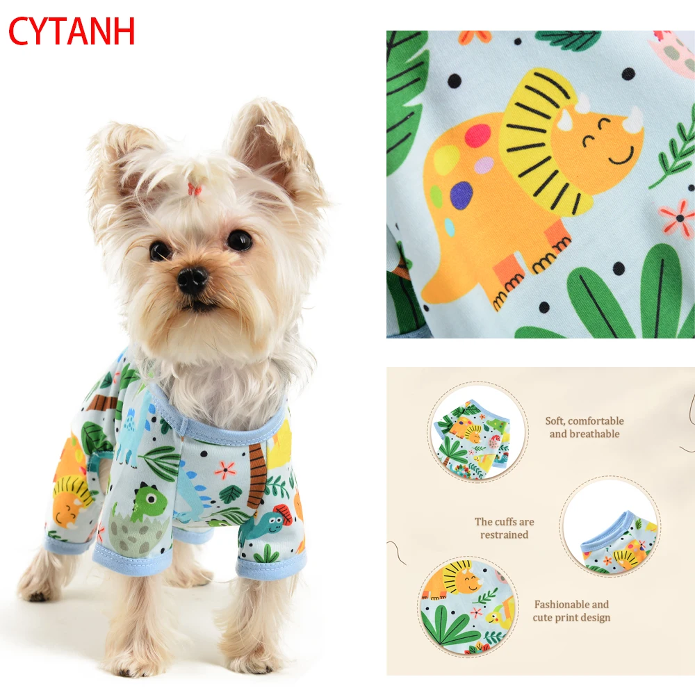 

Pet Dog Clothes Soft Breathable Cuffs Spring Restrained Cute Print Small Medium Large Pet Costume Dogs Dinosaur Green