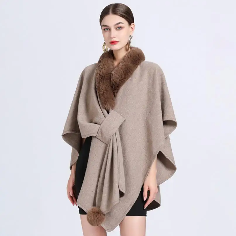Autumn Winter Luxury Faux Fur Neck Poncho Women Criss-Cross Sweater Women Designer Woolen Warm Shawl Top Streetwear Coat w445