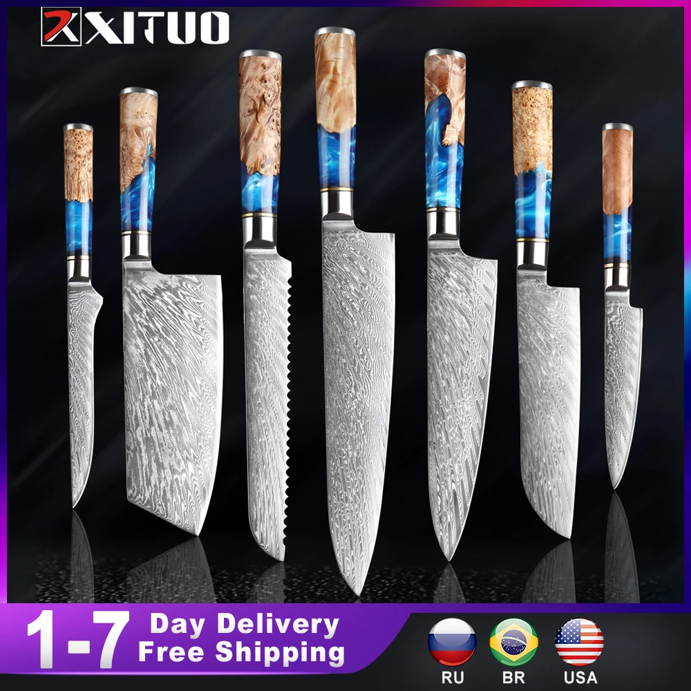 XITUO Kitchen Knives-Set Damascus Steel VG10 Chef Knife Cleaver Paring Bread Knife Blue Resin and Color Wood Handle 1-7PCS set