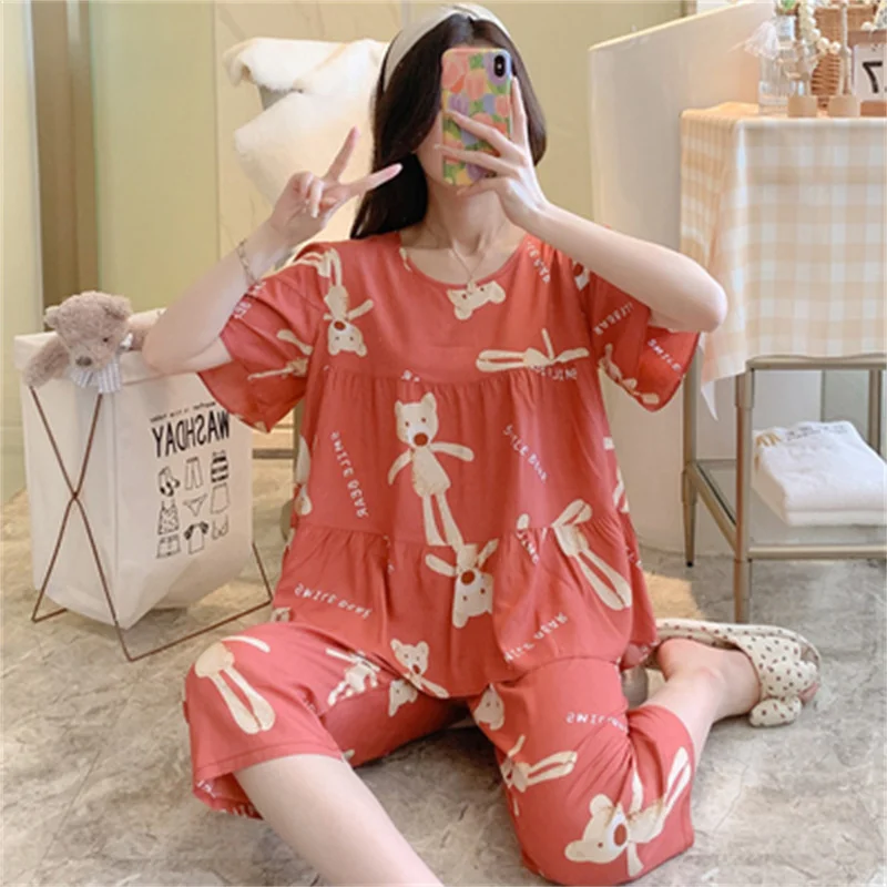 Autumn Pajamas Set Casual Mom Sleepwear For Women Elastic Pyjama Women's Cotton Fashion Cartoon Homewear Clothes Plus Size