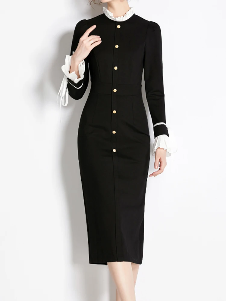 

High Quality Ruffled Collar Flared Sleeve Dress Slimming Down 2023 New Fashionable Women'S Clothing