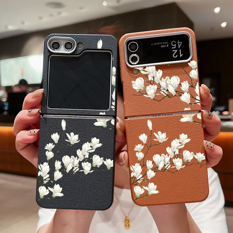 Чехол с белым цветком для Samsung Galaxy Z Flip6 Flip5 Flip4 Capa силиконовый складной чехол