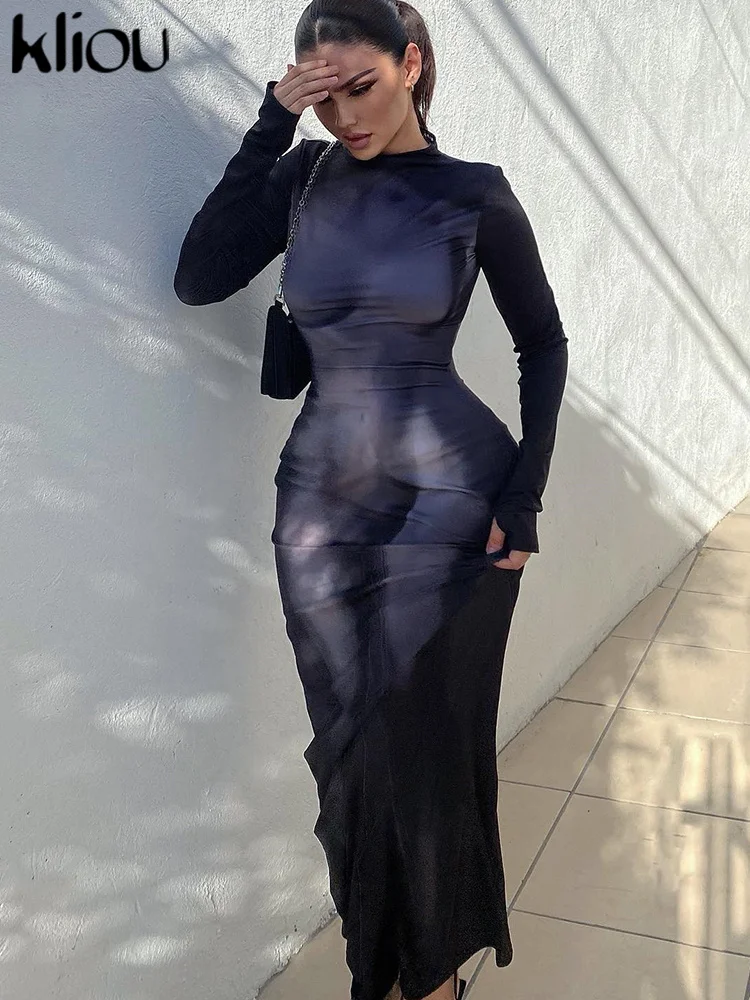 Robe Stunning Lady Party Clubwear: Kliou 3D Body Print Maxi Dress – Women’s Unique Body-Shaping Attire with Full Sleeves, Y2K Aesthetic