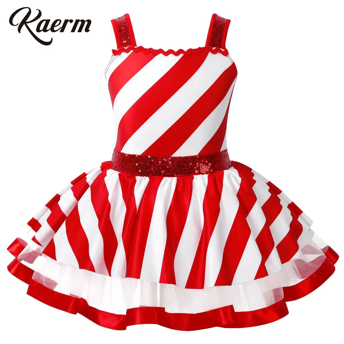 

Kids Girls Miss Santa Candy Cane Dance Costume Sequins Straps Leotard Tutu Skirts Figure Ice Skating Dress Holiday Cosplay