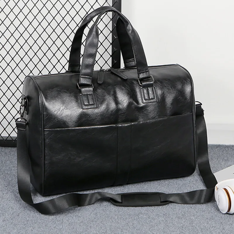 Fashion Leather Men Travel Duffel Bag Large Capacity Carry on Luggage Bag Male Shoulder Bag Dry Wet Separation Gym Fitness Bag