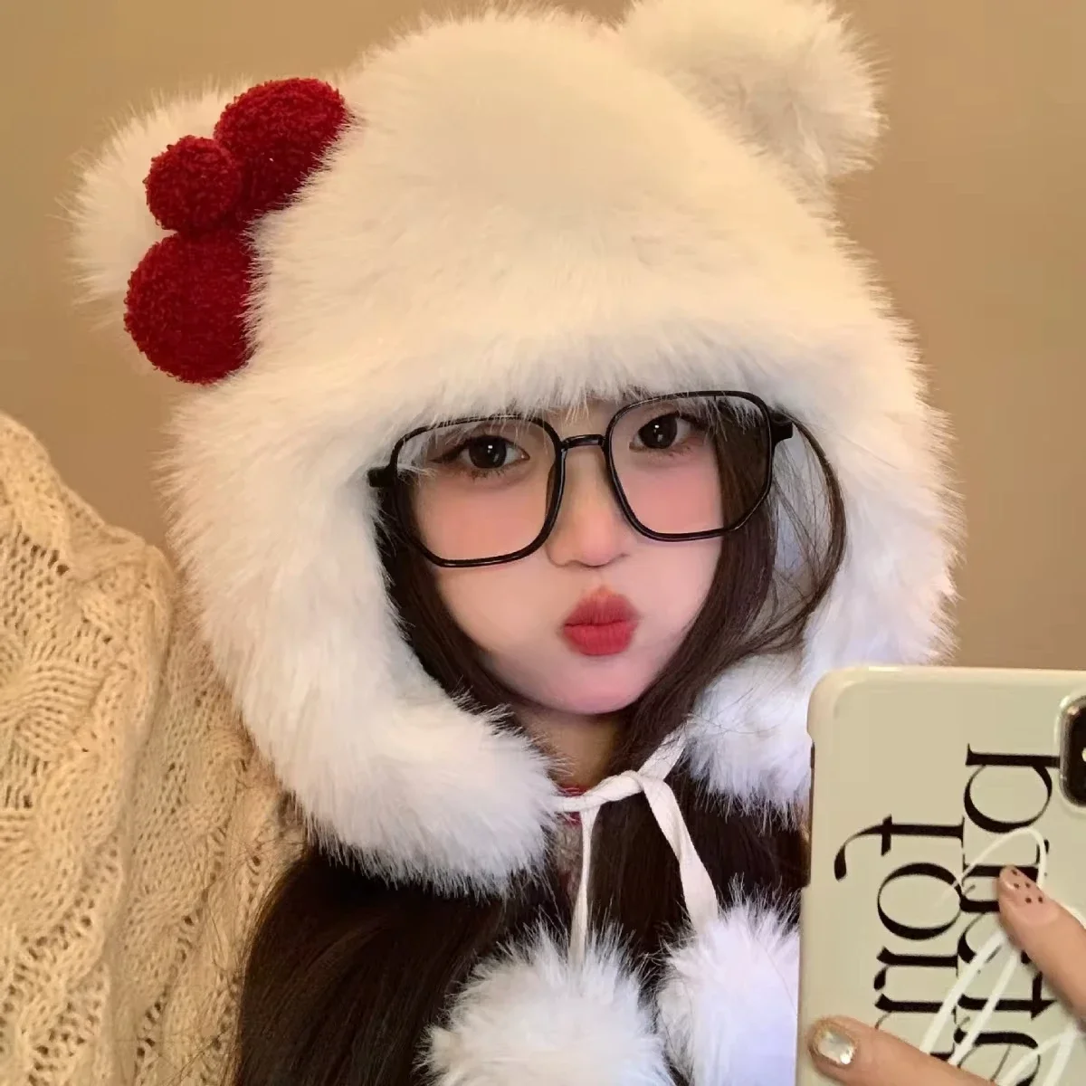Kawaii Hello Kitty корейская плюшевая шапка-бомбер с милым бантом зимняя женская теплая