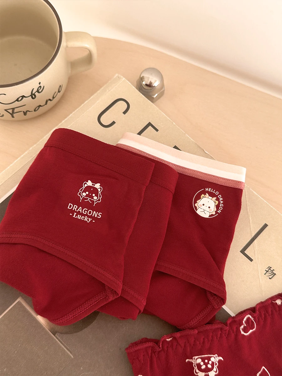 &quotGood Luck&quot Red Underwear 7A Antibacterial 2024 New Dragon Year Wedding of Fate Girl Triangle Shorts