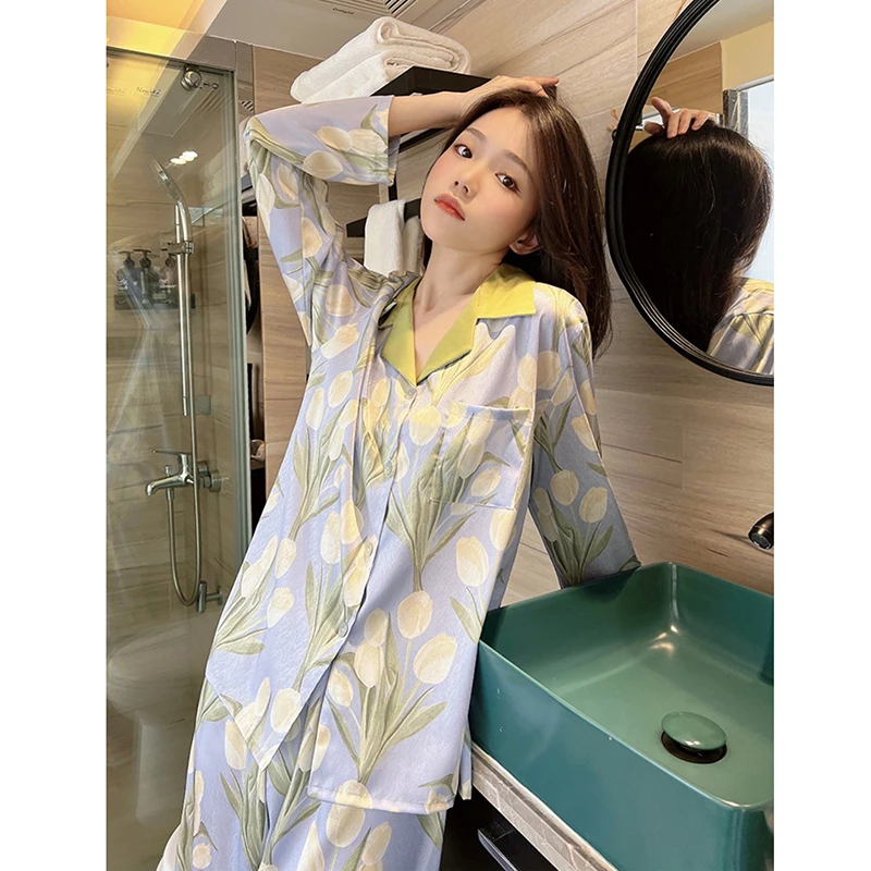 Women Fashion Tulip Flower Pajamas Sets Faux Silk Long Sleep Wear Home Clothes Suits