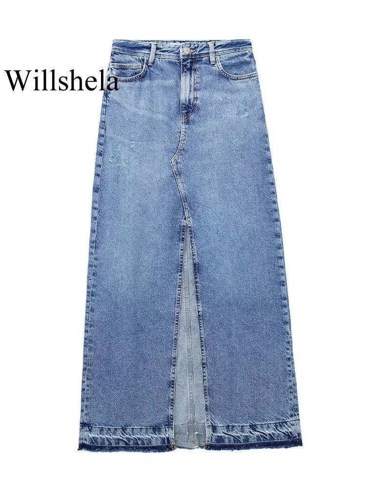 

Women Fashion Denim Blue Solid Front Zipper Slit Maxi Skirt Vintage High Waist Female Chic Lady Skirt