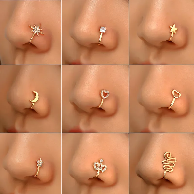 

New in Copper Fake Piercing Nose Ring Heart Star Crown Clip On Nose Ear Clip Cuff Earring For Women Girl Gift Body Jewelry nariz