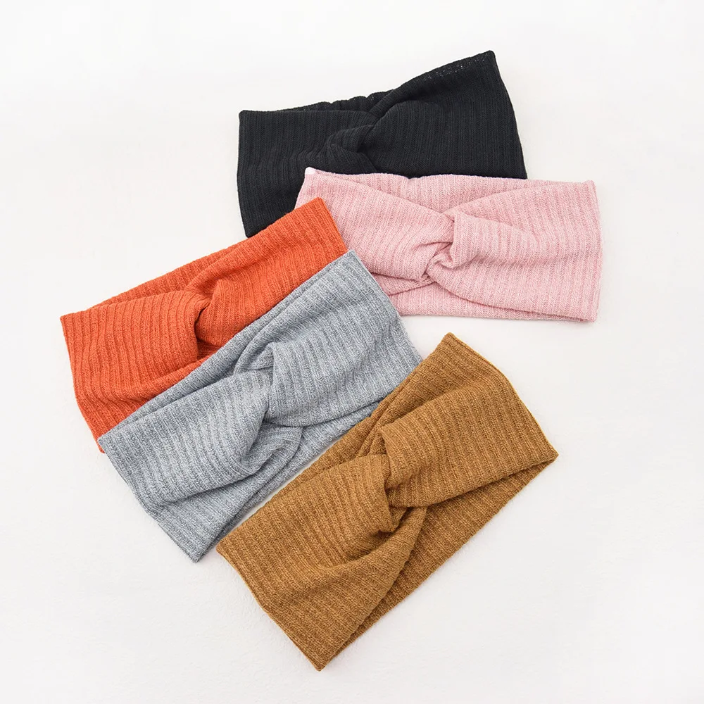 

Winter Warm Vertical Stripes Cross Headband For Women Handmade Solid Color Elastic Knot Turban Bandage Yoga Hair Accessory