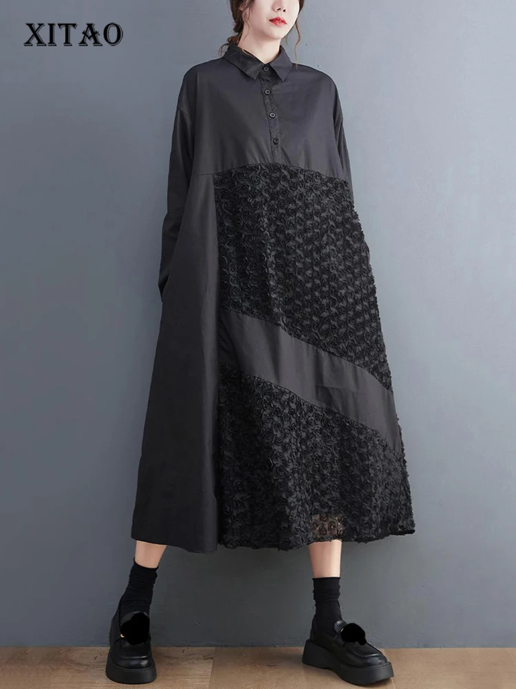 

XITAO Black Casual Shirt Loose Fashion Irregular Craftsmanship Three-dimensional Flower Splicing Decoration Dress HQQ1230