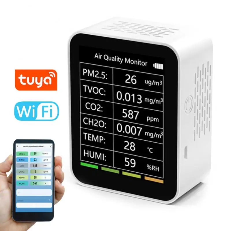 

Датчик качества воздуха Tuya 6 в 1, измеритель температуры и влажности воздуха PM2.5 CO2 TVOC HCHO AQI, TFT детектор диоксида углерода, с Wi-Fi/без Wi-Fi