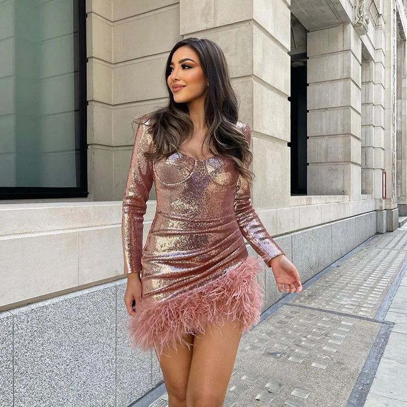 Sexy Sequined Feather Mini Dress Women Autumn Long Sleeve Square Collar Bodycon Dresses Elegant Evening Party Club Short Dress