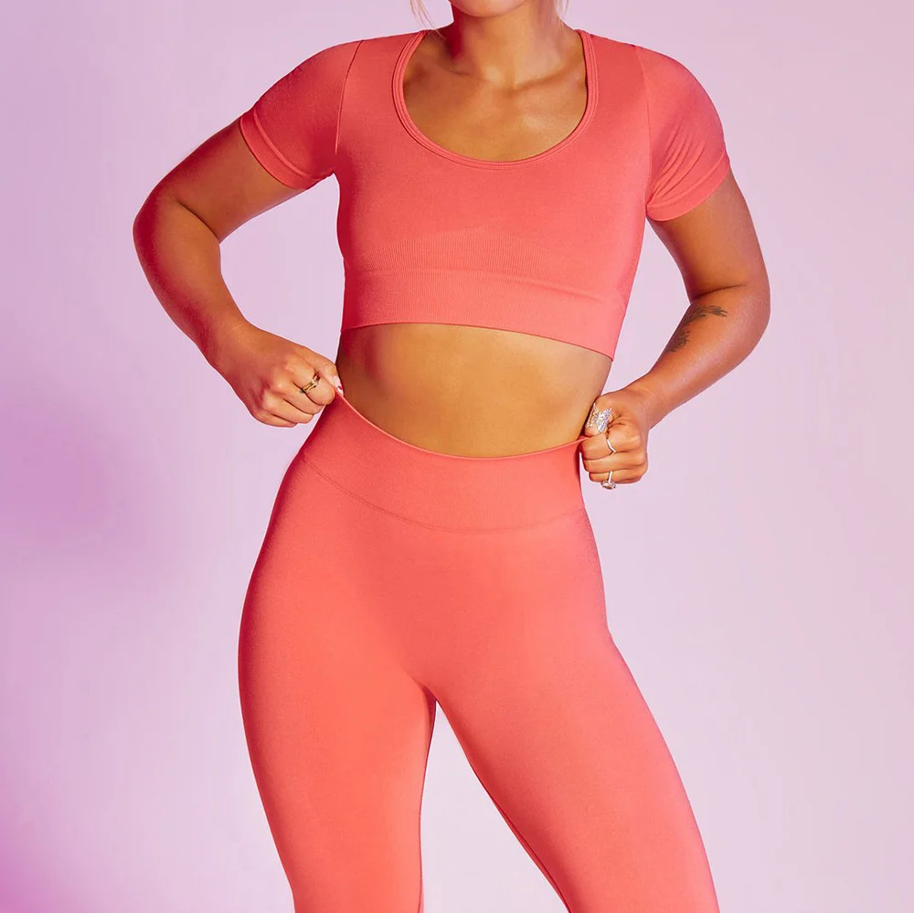 

2pcs Two Piece Long Sleeve Crop Top Leggings Gym Suit Outfits Fitness Sport Set Outfits Seamless Yoga Set Women Solid Workout