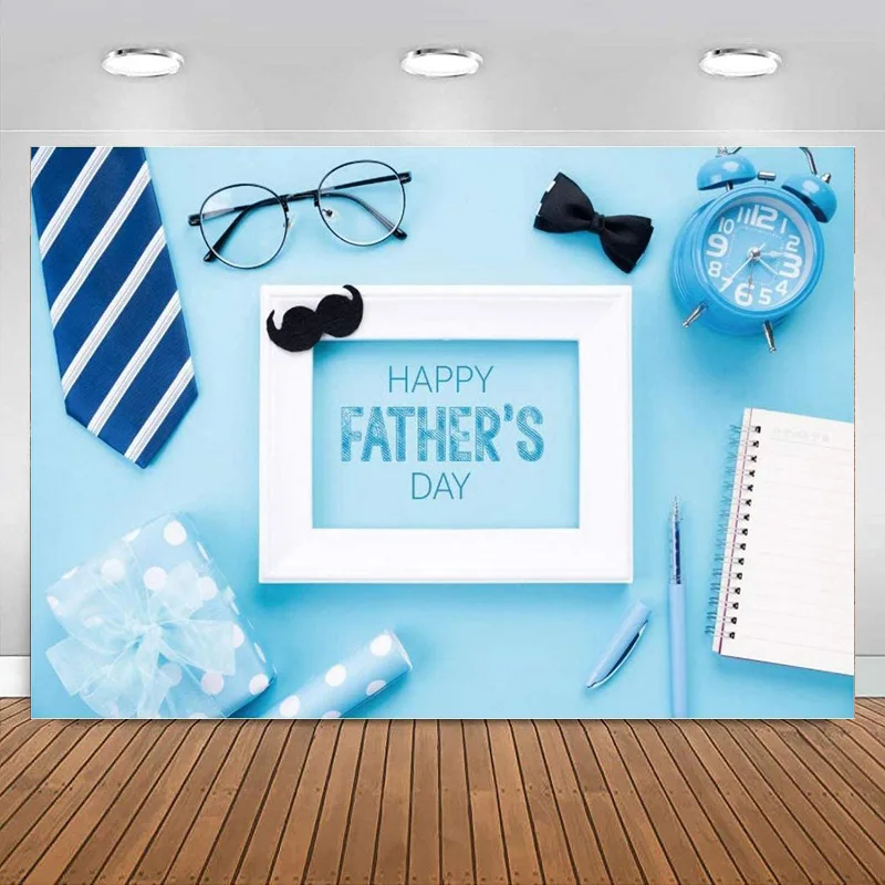 

Happy Father's Day Backdrop Glasses Tie Gift Alarm Clock Sky Blue Wall Photography Background Love Dad Props Banner Decoration