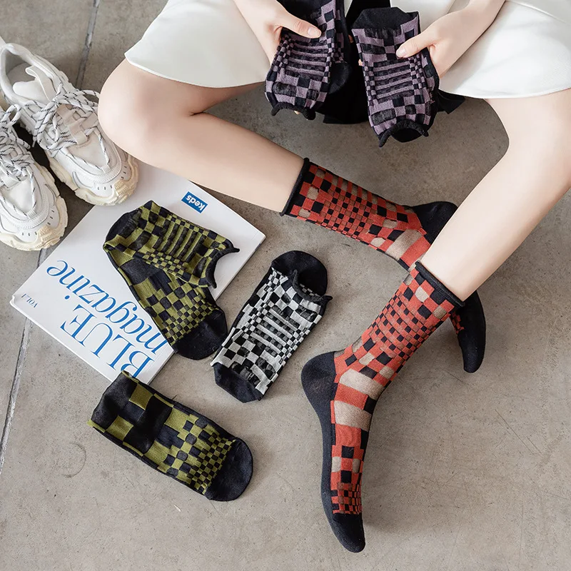 New card silk women's socks retro checkerboard fashion personality trend breathable glass silk tube socks