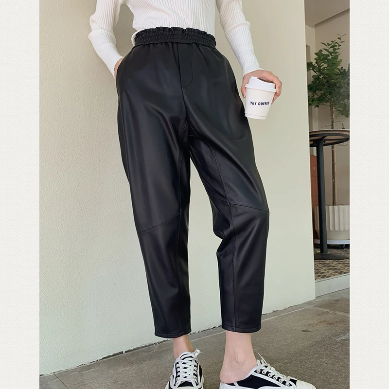 Fashion Women Pants 100% Natural Genuine Sheep Leather Real Sheep Leather Ankle-Length Pants Trousers high-quality H115