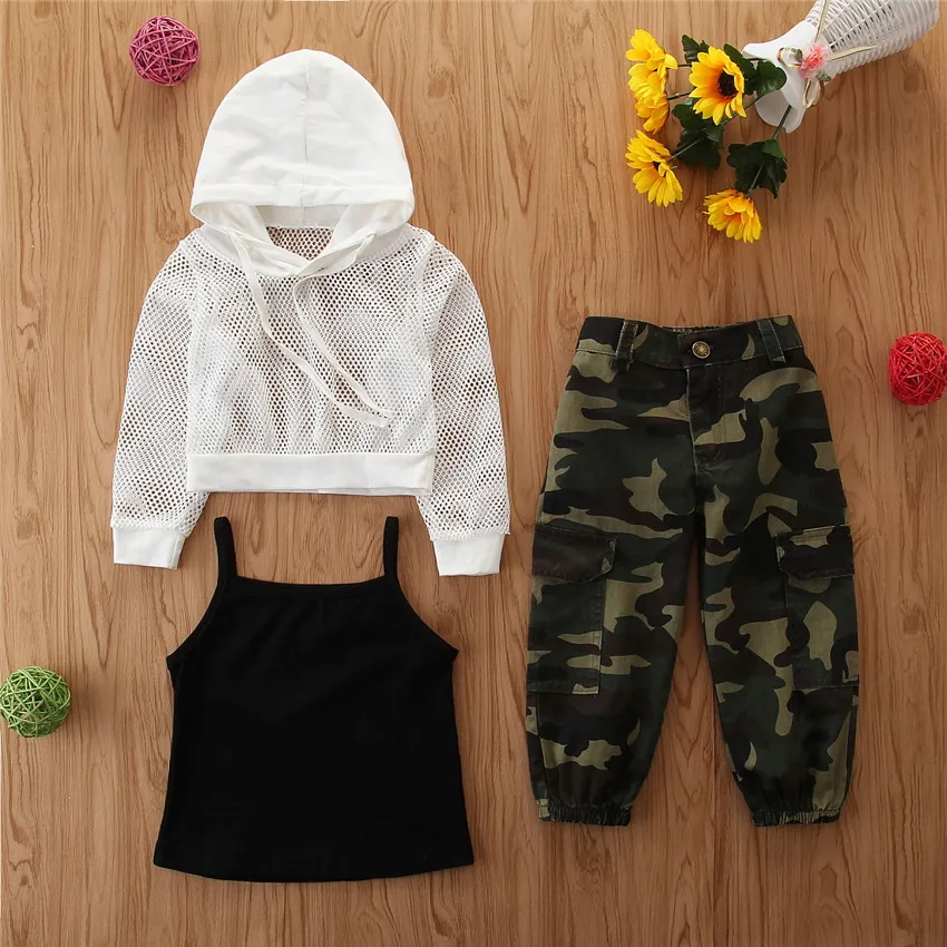 New Hot Sale 1-6Y Fashion Infant Baby Girls Clothes Sets Net Hooded Tops+Black Vest +Camouflage Print Long Pants 3pcs Outfits