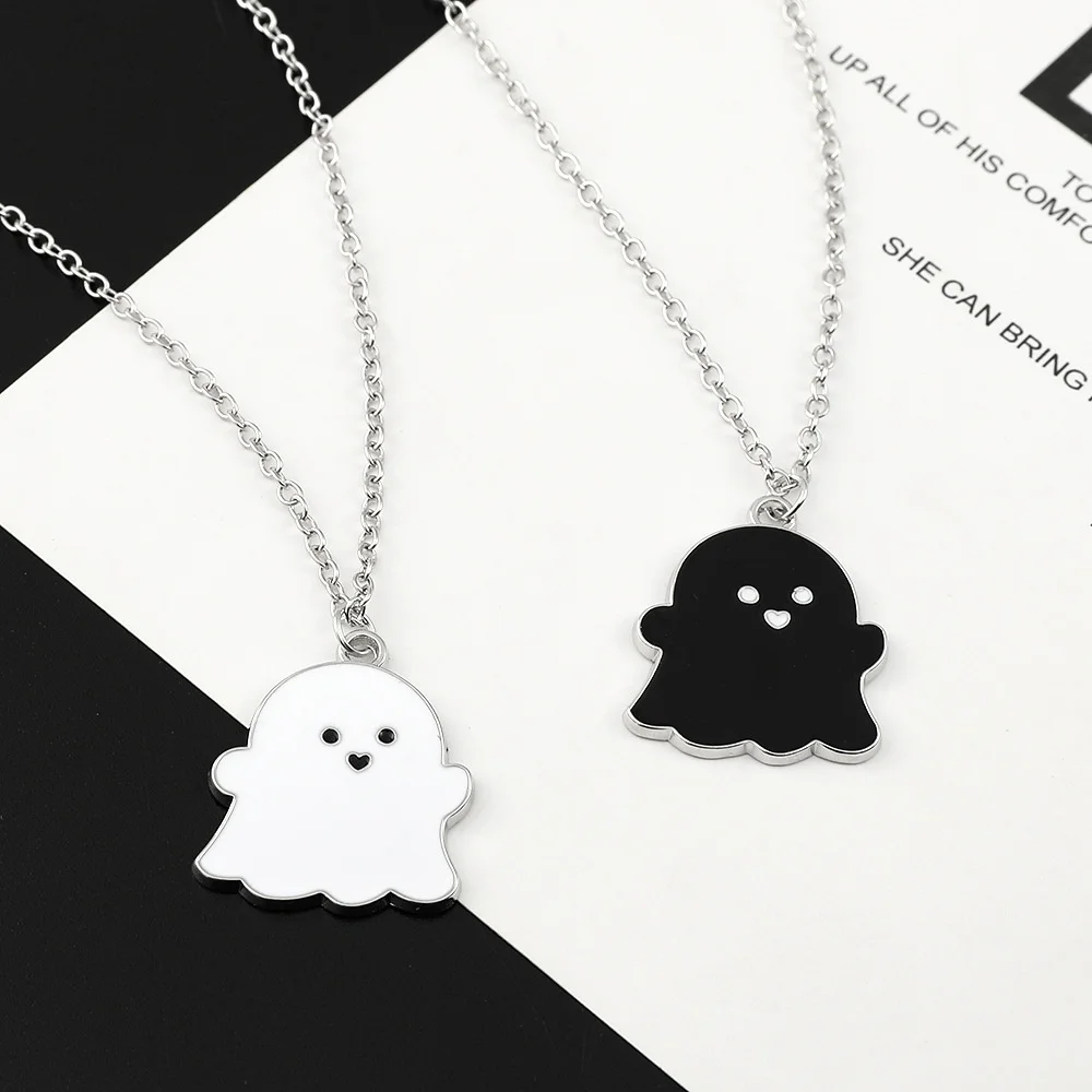 

Trendy Black And White Ghost Pendant Necklaces For Women Men Best Friends Cute Lovely Ghost Pendant Necklace Fashion Jewelry