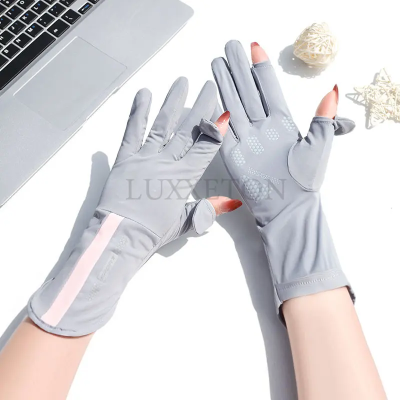

Sports Golf Ice Silk Gloves Riding Driving Two-Finger Fishing Gloves Non-Slip Fitness High-Elastic UV Protection Women