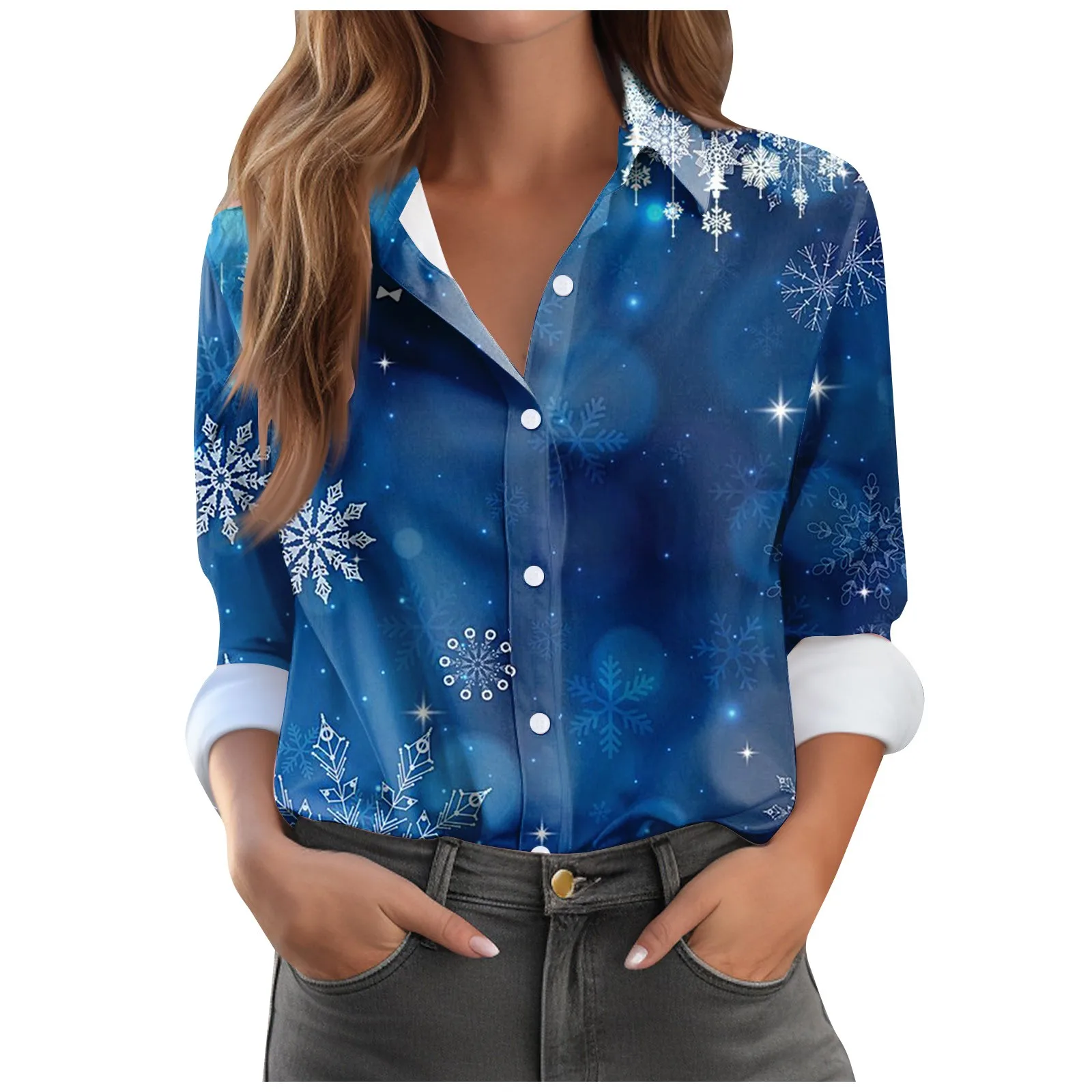 

Women Blouse Elegant Christmas Holiday Loose Shirts Women Spring and Autumn Long Sleeve Button Christmas Theme Printed Shirts