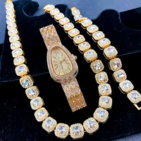 3pcs luxury iced out watches for women gold watch snake sliver chains bracelet necklace choker bling jewelry for women watch set