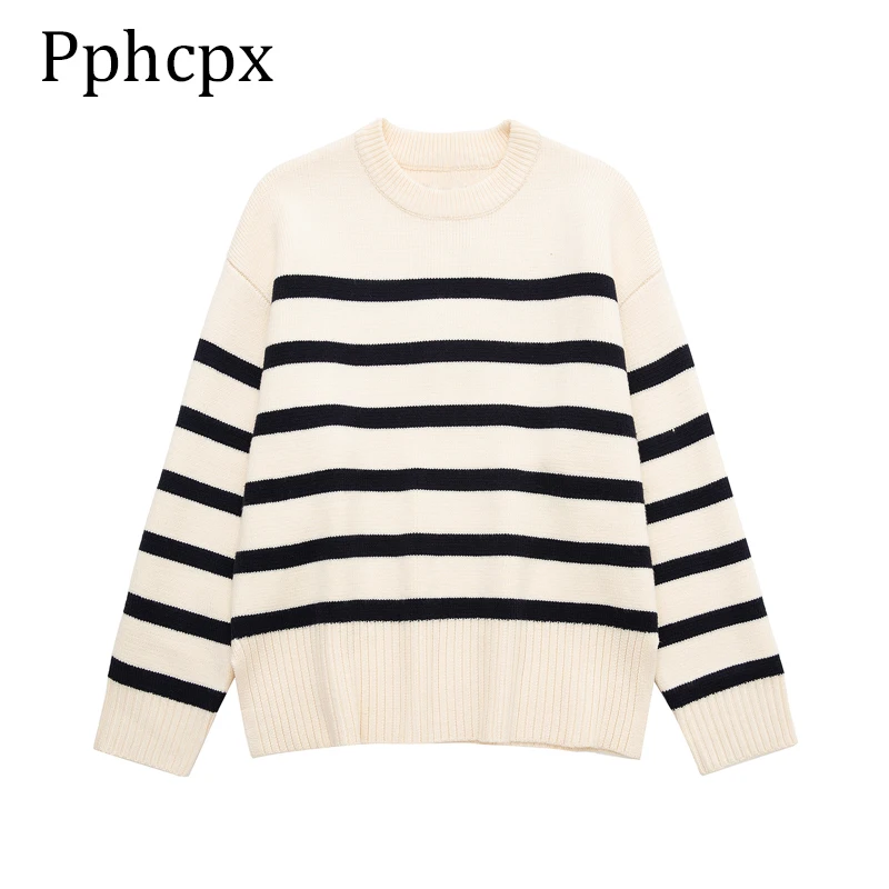 

Pphcpx Woman 2022 Striped Knit Pullover Sweater Female Long Sleeve O-Neck Vintage Loose Jumper Sweaters Ladies Warm Pullover