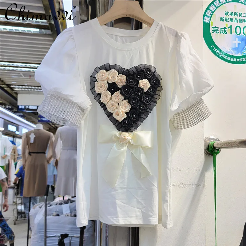 

2022 Spring Summer New Fashion Flower Heart Shape with Diamond T-shirt Round Neck Puff Short Sleeve Slim Fit Elegant Women's Top