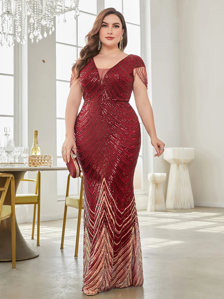 

Lucyinlove Elegant Deep V Neck Burgundy Red Sequin Evening Dress Party Maxi Dress Women Beading Dress Long Prom Cocktail Dress