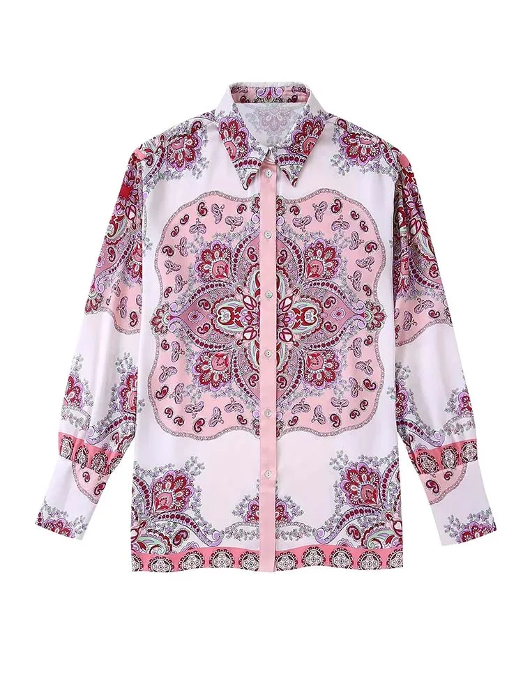 

KLKXMYT TRAF 2022 рубашка Женская Осенняя Блузка Новая модная повседневная розовая драпированная рубашка с принтом Топ женские шикарные топы с дли...