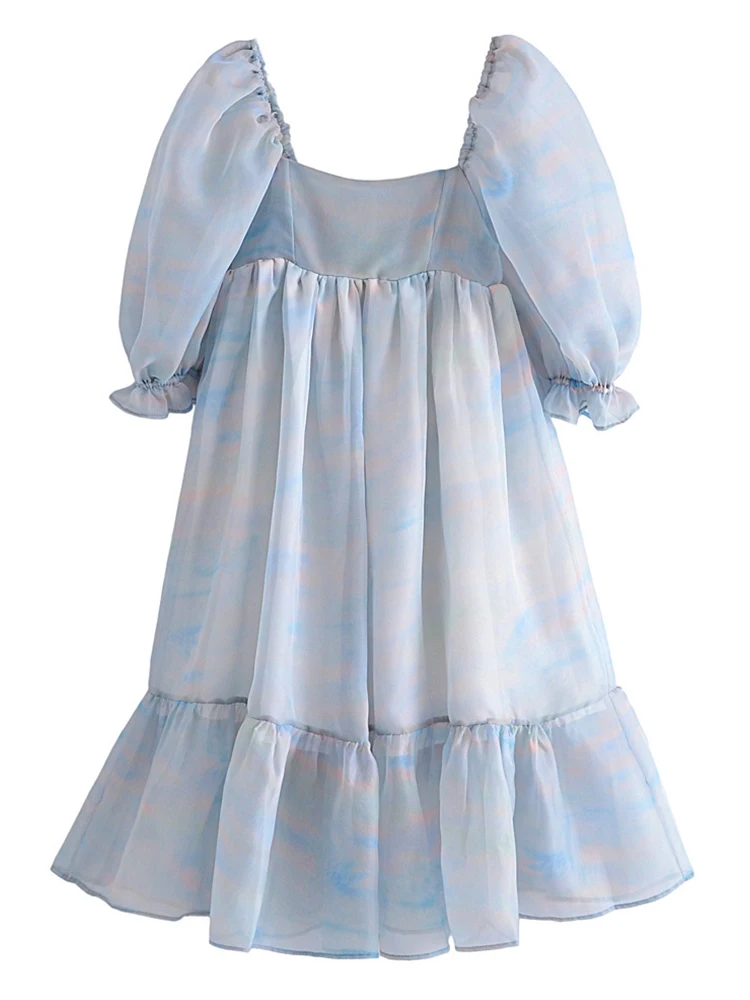 

2022 Elegant Women Misty Sky Print Puff Sleeve Dress Sexy Square Neck Holiday Princess Party Dress Ladies Midi Robe