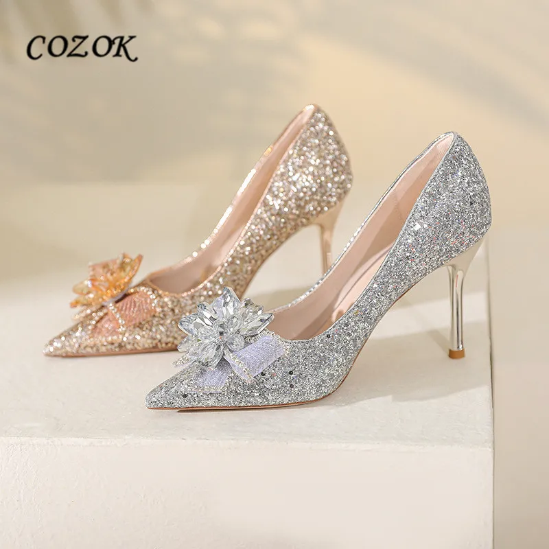 

Женские туфли на высоком каблуке, серебристые туфли-лодочки с украшением, Роскошные туфли на высоком каблуке, 2023