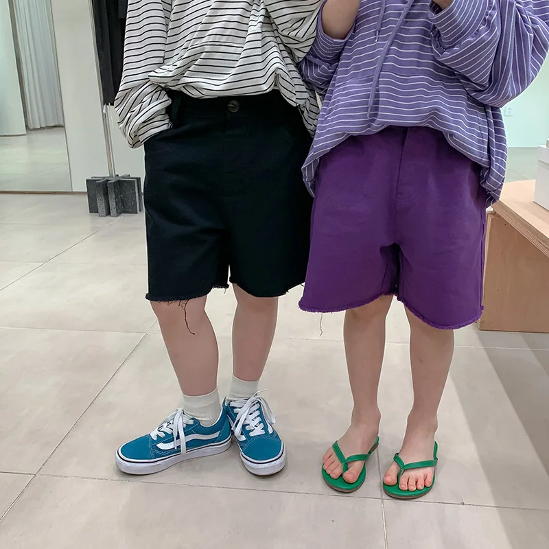 

Washed Cotton Trimmings Shorts Summer Fashion Unisex Brief Straight Shorts Boys and Girls Kids Bottoms Korean Casual Pants Child