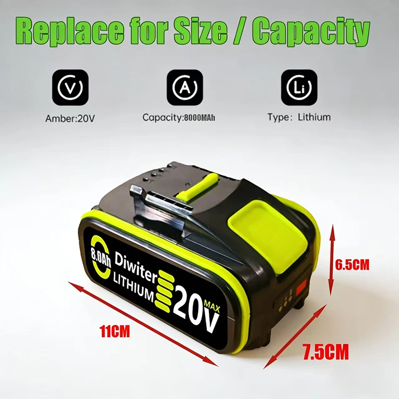 Фото Сменный аккумулятор WORX 20V, совместимый с WA3551, WG630, WG629, WX372 и т.д. Зеленый аккумулятор для электроинструментов с 4-контактным разъемом. №3