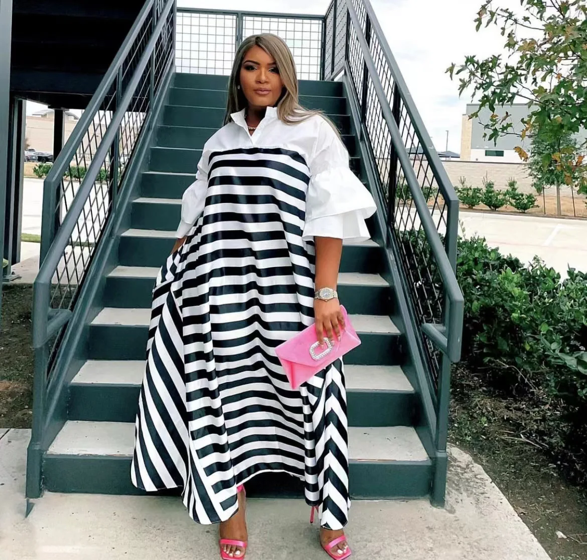 

Женское свободное платье с длинным рукавом, Повседневное платье в полоску с оборками для вечеринки на лето