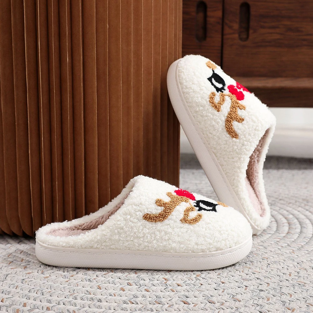 

Reindeer Fuzzy Indoor Slippers Cartoon Plush Closed Toe Slippers Cute Plush Slip-on House Shoes with Red Bow for Winter Indoor