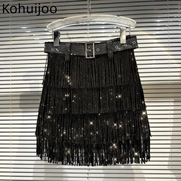 Kohuijoo 2023 Spring Tassels Design Pencil Skirt Women Nightclub Celebrity Diamonds Cake Skirt High Waist Pencil Skirts