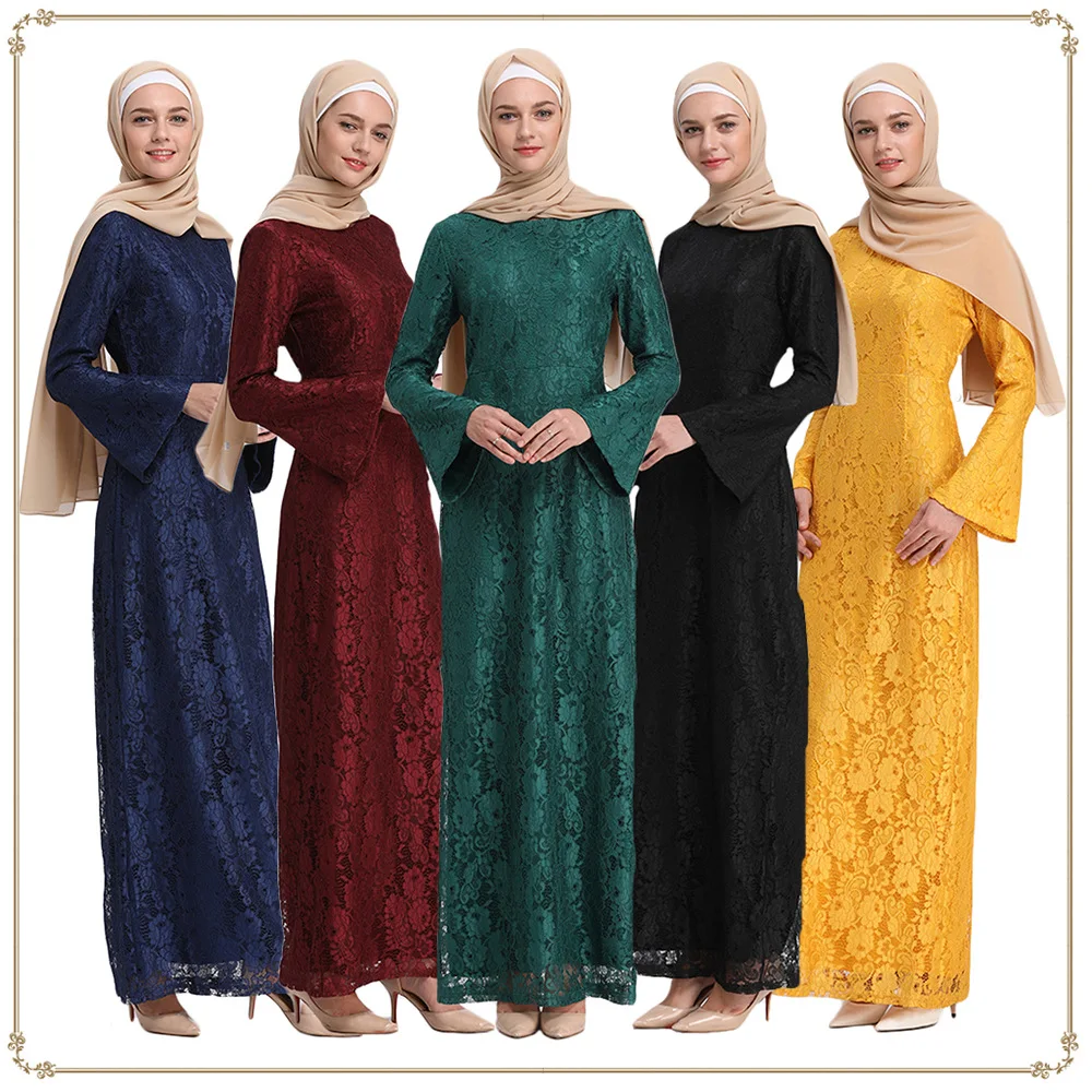 Мусульманское платье с длинным рукавом, кружевное платье Дубая, макси Abaya Jalabiya, мусульманское женское платье, халат, кафтан, марокканские пл...