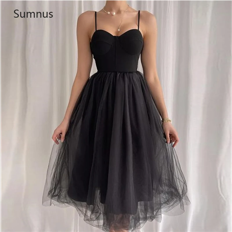 

Черные элегантные тюлевые короткие платья Sumnus 2022, вечерние платья на тонких бретельках, свадебное платье, вечерние платья длиной ниже колена, новинка