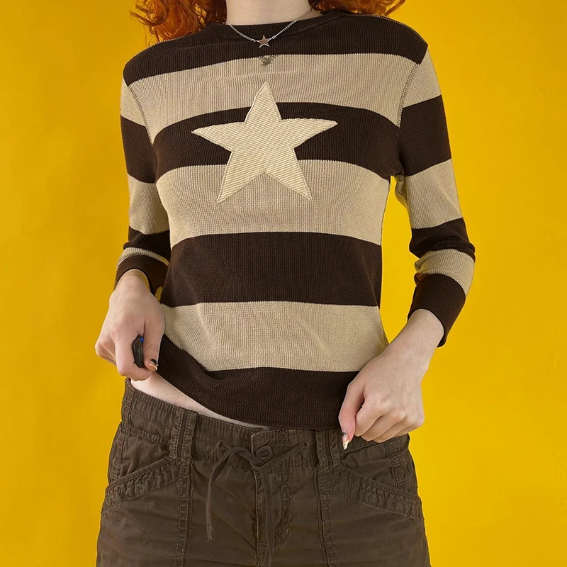 

Vintage Star Patched Striped Knitted Pullovers Autumn Spring Long Sleeve O-neck Jumpers Y2K Retro Grunge Sweaters Knitwear