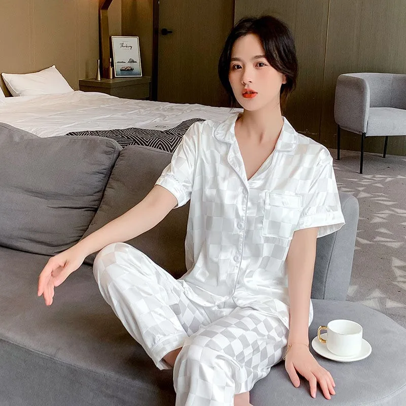 

Ladies Pajamas Ice Silk Summer Thin Short Sleeve Pants Homewear Set Plus Size Solid Color Cardigan Victoria's Secret 2 Piece Set