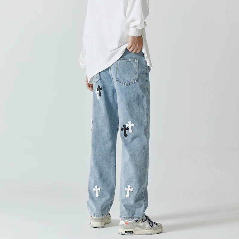 Men's Wide Leg Jeans Unisex Denim Trousers Loose Straight Cut Cross Patch Cargo Pants Hip Hop Trend Men's Loose Pants Streetwear