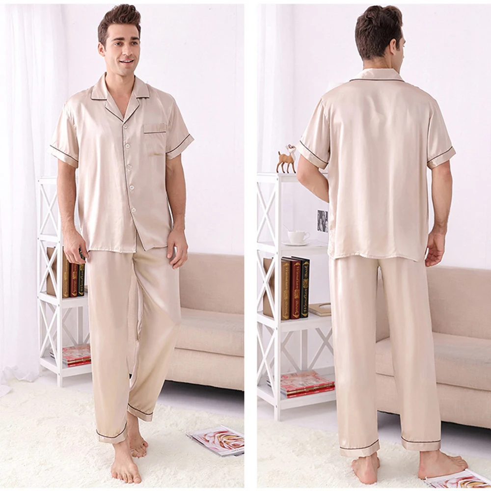 100% Mulberry Silk Men Pajamas Set for Men Sleepwear Loungewear Short Sleeve Sleepwear Nightgown