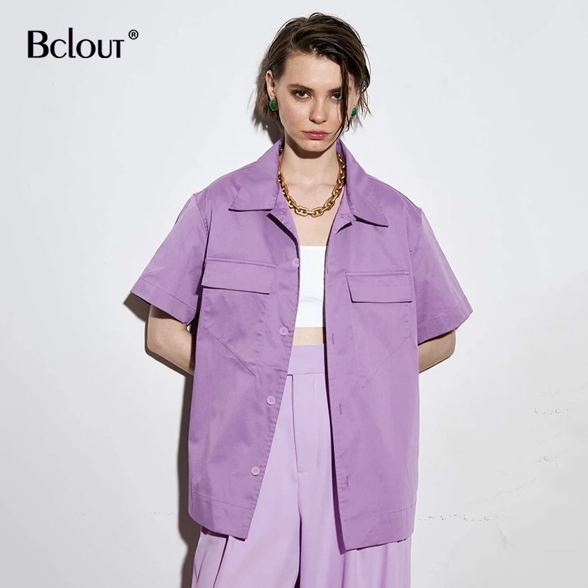 

Рубашка Bclout Женская хлопковая с коротким рукавом, модная блузка в стиле High Street, повседневный однобортный Топ с двойными карманами, на лето