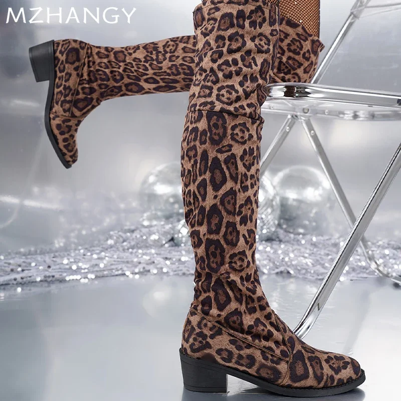 Женские замшевые высокие сапоги с леопардовым принтом женские туфли выше колена